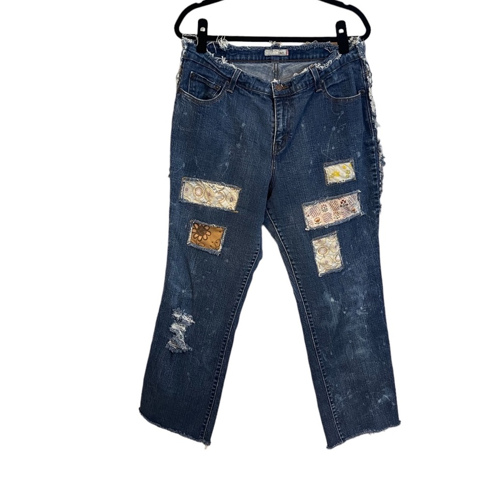 Hand crafted reworked recycled  jeans one of a kind creative patched jeans artsy